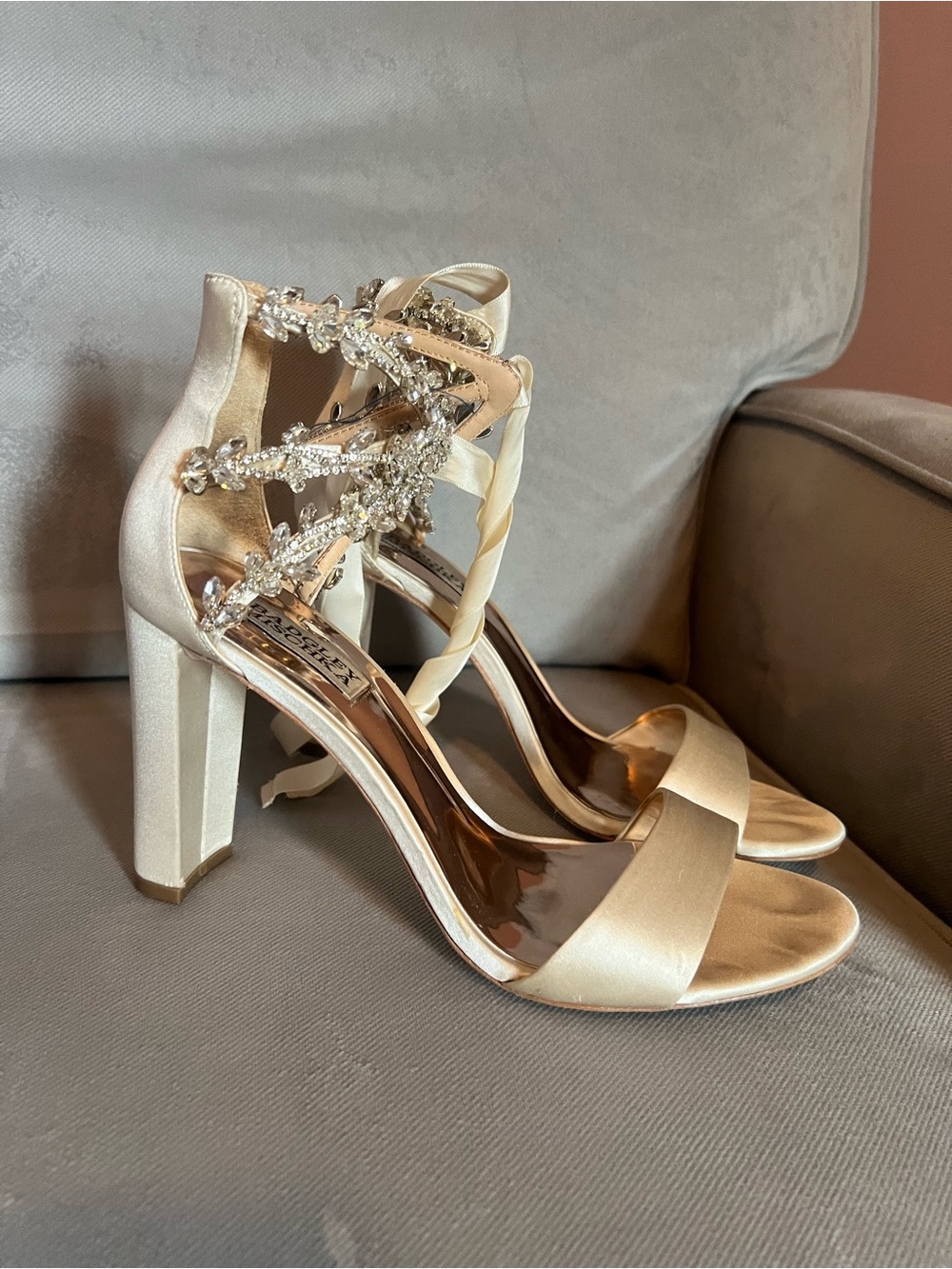 Badgley Mischka Crystal-Embellished Satin Heels in Ivory